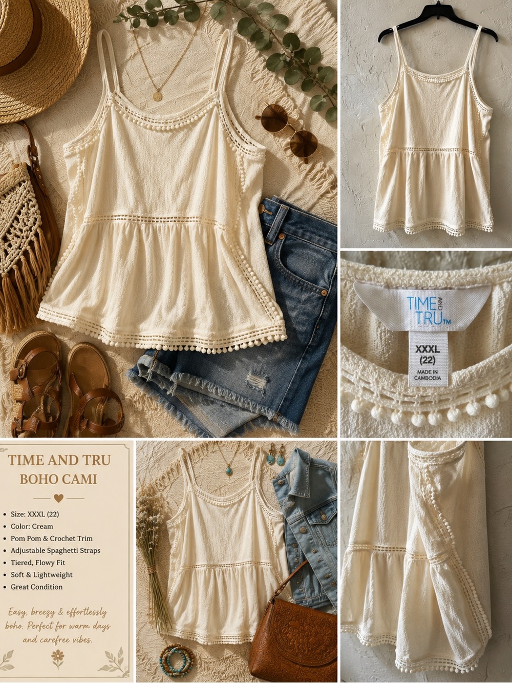 Time and Tru Cream Crochet-Trim Camisole Tank